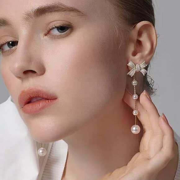 New Beautiful Bow-knot With Pearl Long Tassel Earrings 2 in 1 - Picture 3 of 12